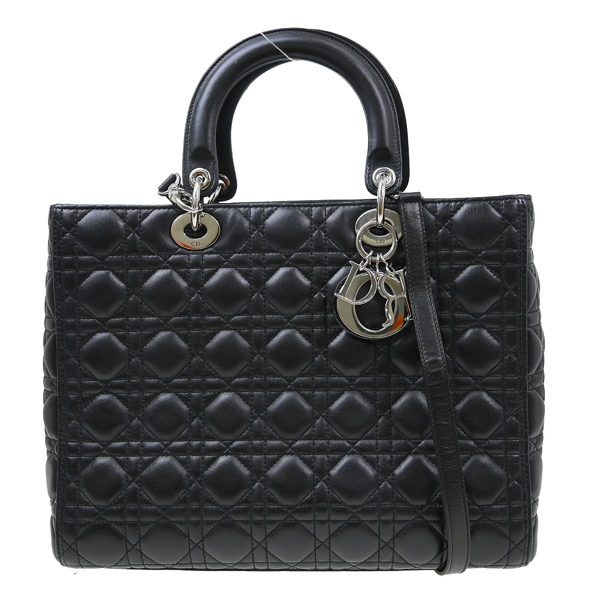 Christian Dior Vintage Lady Dior Bag Cannage Quilt Lambskin Black Leather Handbag Pre-Owned