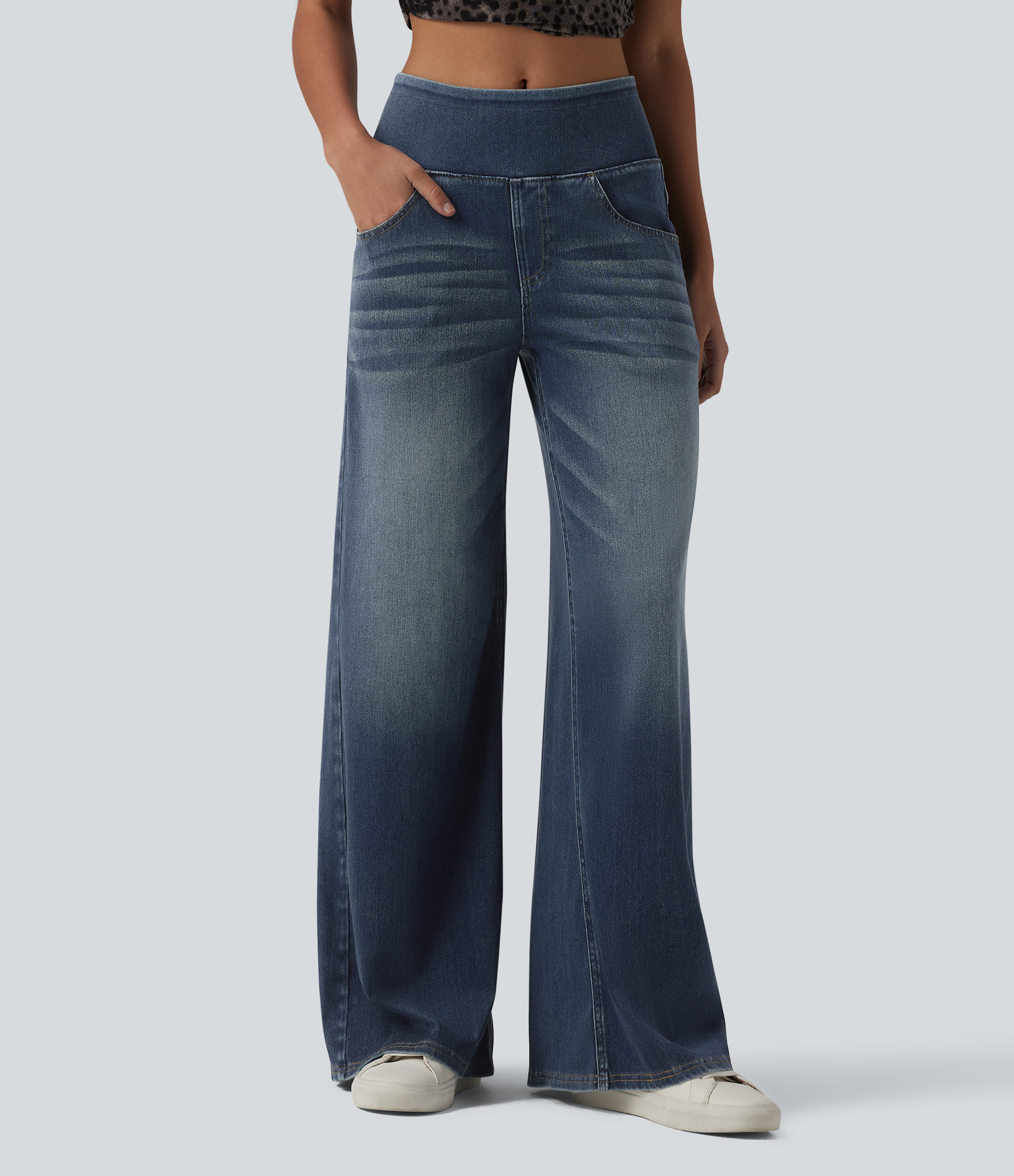 Flex™ Mid Rise Draped Lyocell Washed Casual Baggy Wide Leg Jeans with Pockets  - Blue Surf Denim