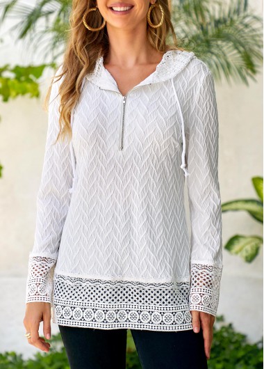 Modlily White Lace Drawstring Long Sleeve Hoodie