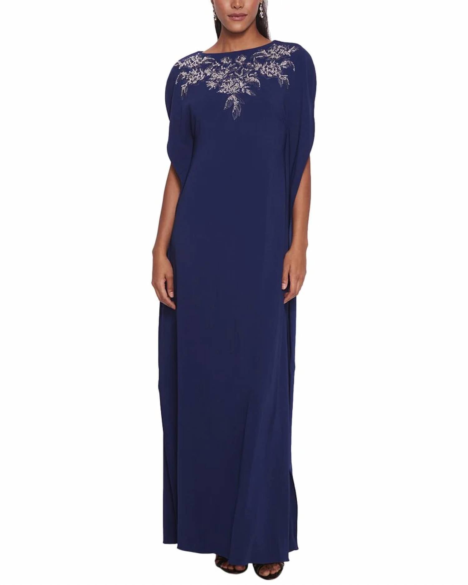 Embroidered Crepe Kaftan In Navy