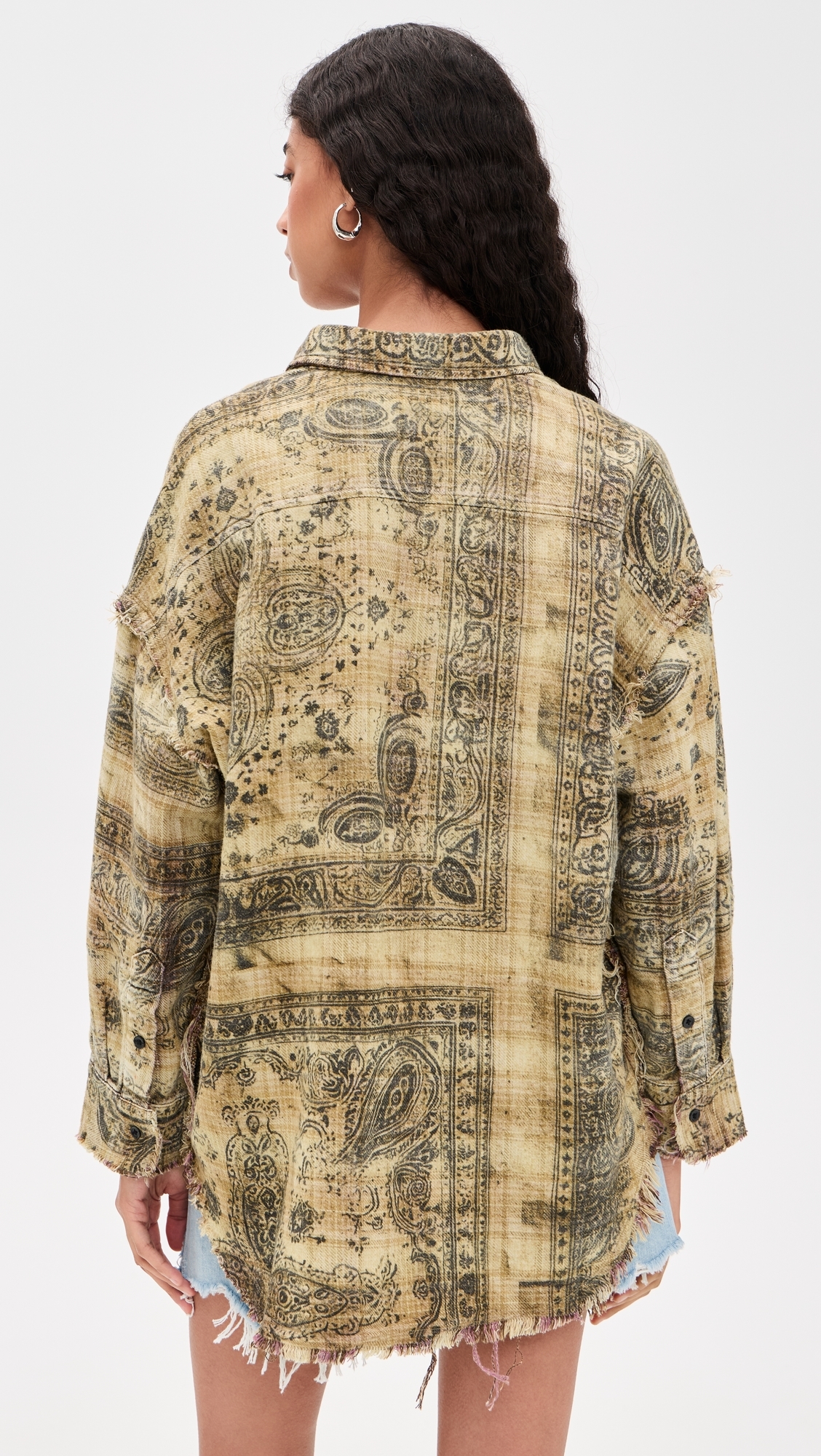Shredded Seam Drop Neck Shirt Khaki Bandana Black Overprint