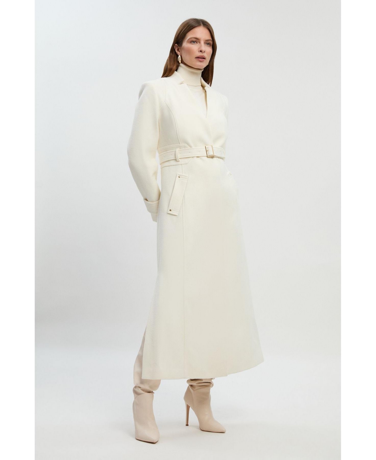 Women's Wool Notch Neck Belted Maxi Coat - Ivory