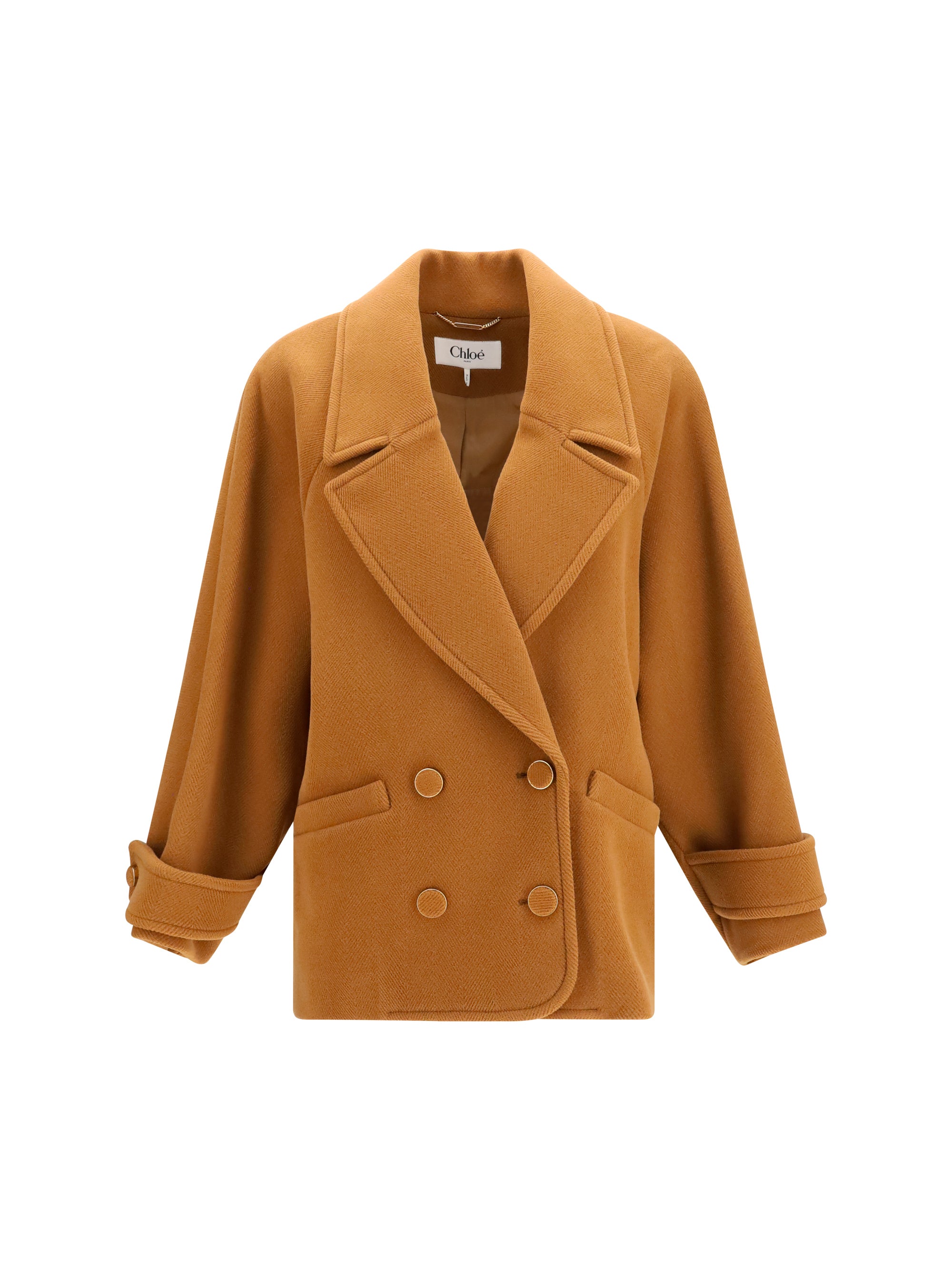 Double-Breasted Herringbone Merino Wool Coat — Camel