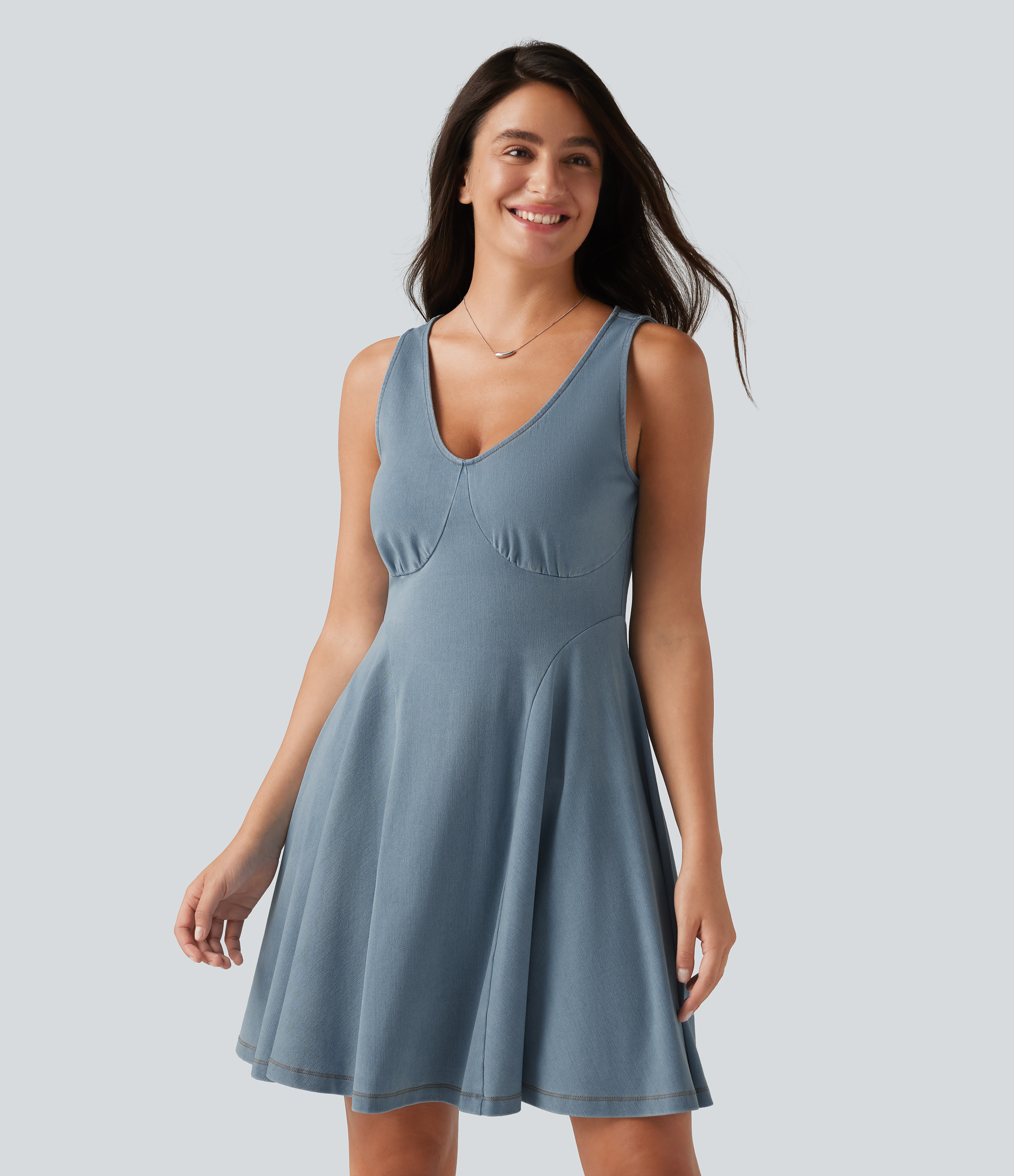 Flex™ Denim V-neck Sleeveless Mini Draped Lyocell Washed Casual Flare Dress  - Blue Jasper Denim