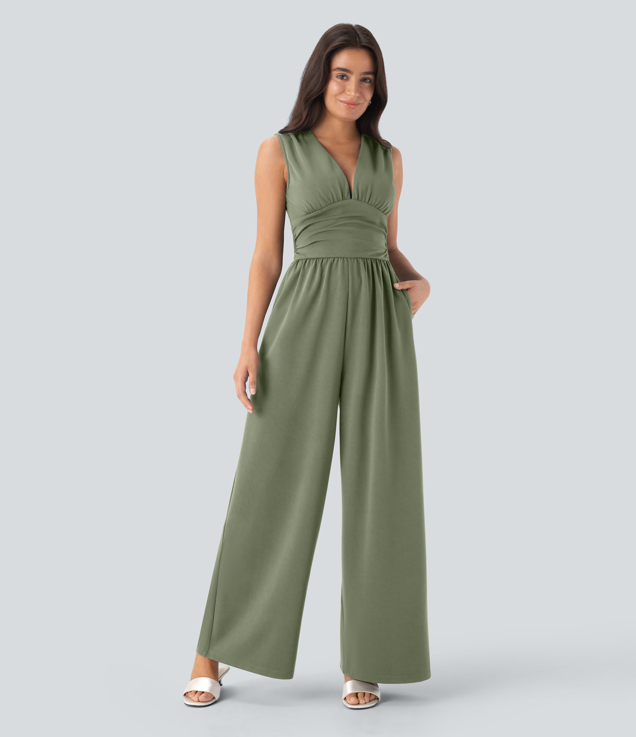 V Neck Sleeveless Ruched Pocket Jumpsuit-Easy Peezy  - Oil Green