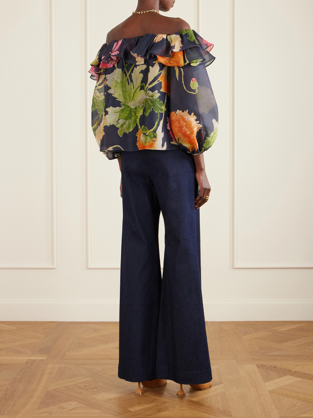 Off-the-shoulder Floral-print Silk-organza Top - Blue