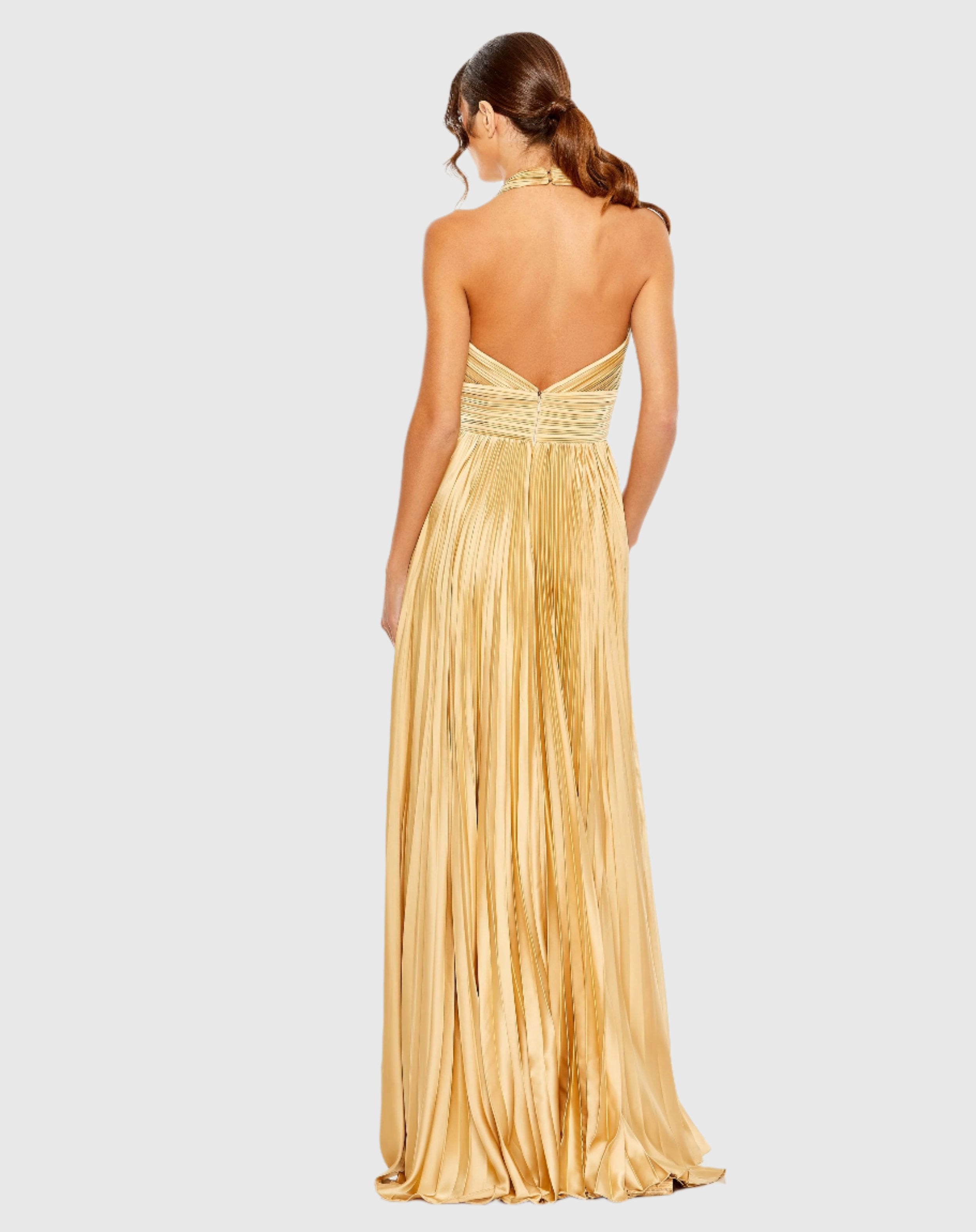 Gold Pleated Halter Neck Wedding Guest Maxi Gown with Center Bow