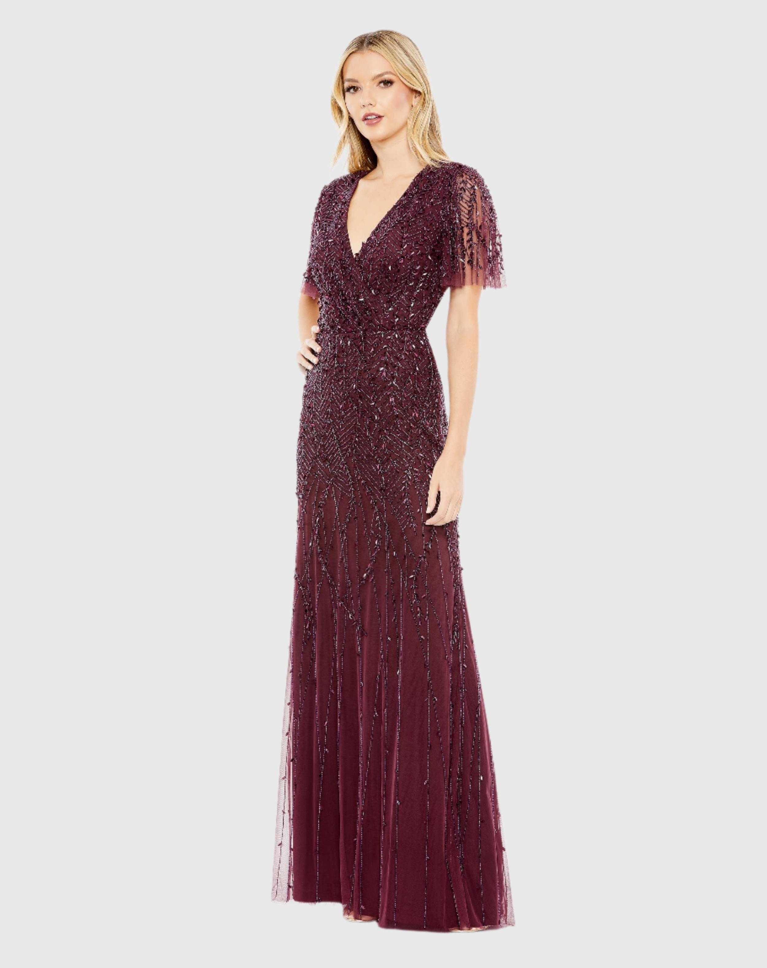 Purple Embellished Flutter Sleeve Maxi Gown In