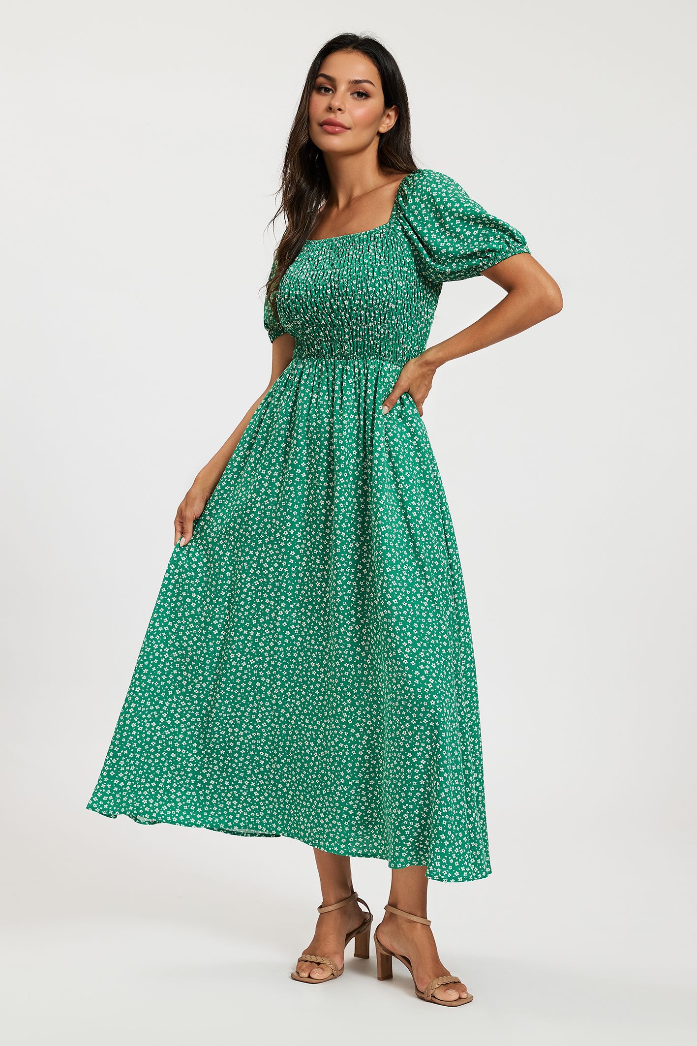 FS Collection Women's Floral Shirred Square Neck Midi Dress with Puff Sleeves in Green | : Mediu