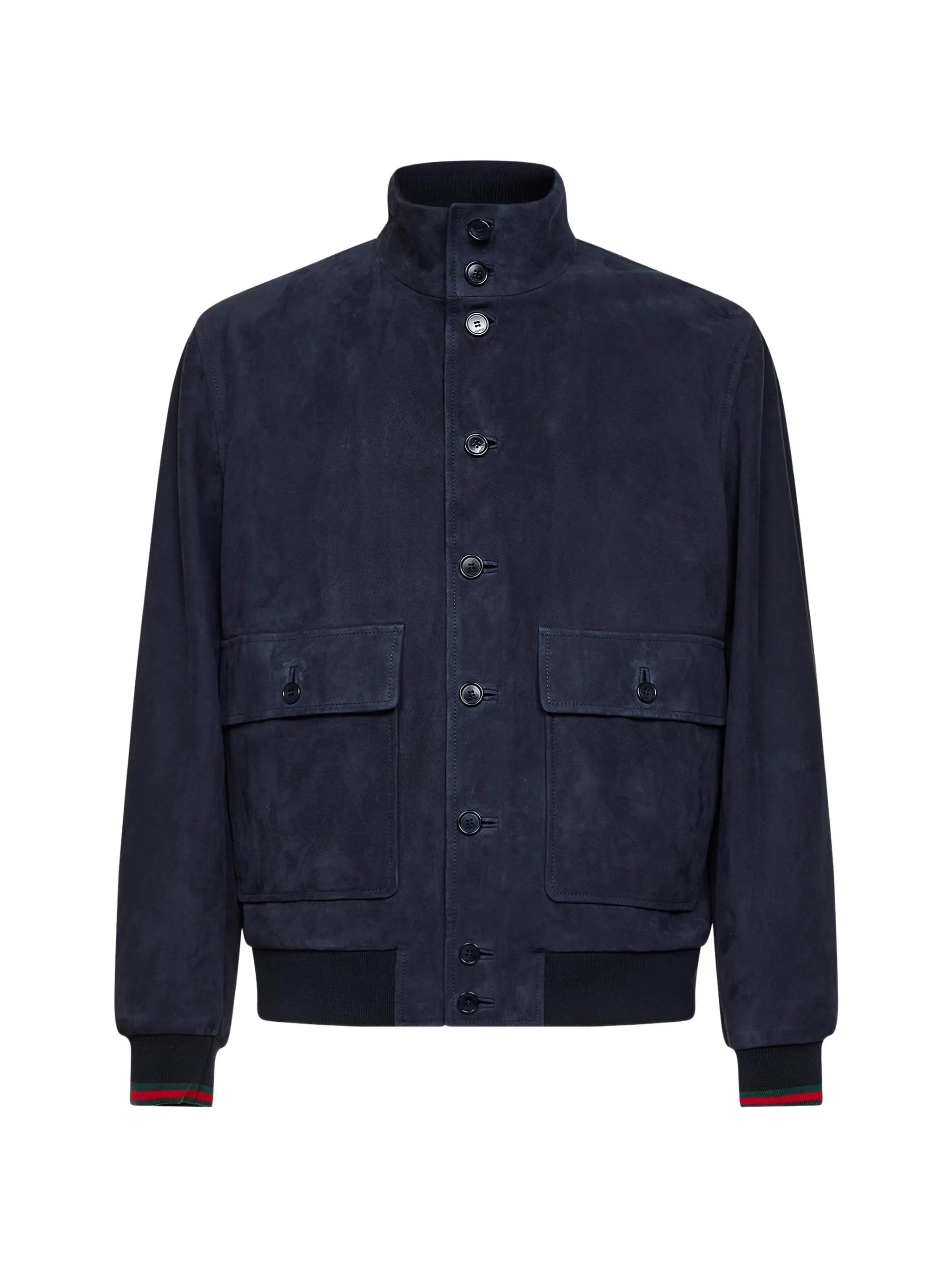 Stand-Collar Leather Jacket with Dropped Shoulders and Flap Pockets