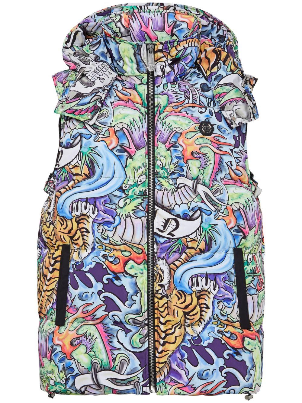 Tattoo-print hooded puffer gilet - Blue