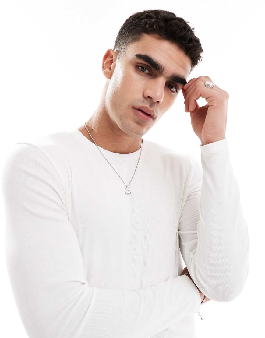 Essential muscle fit long sleeve t-shirt in cream rib-White