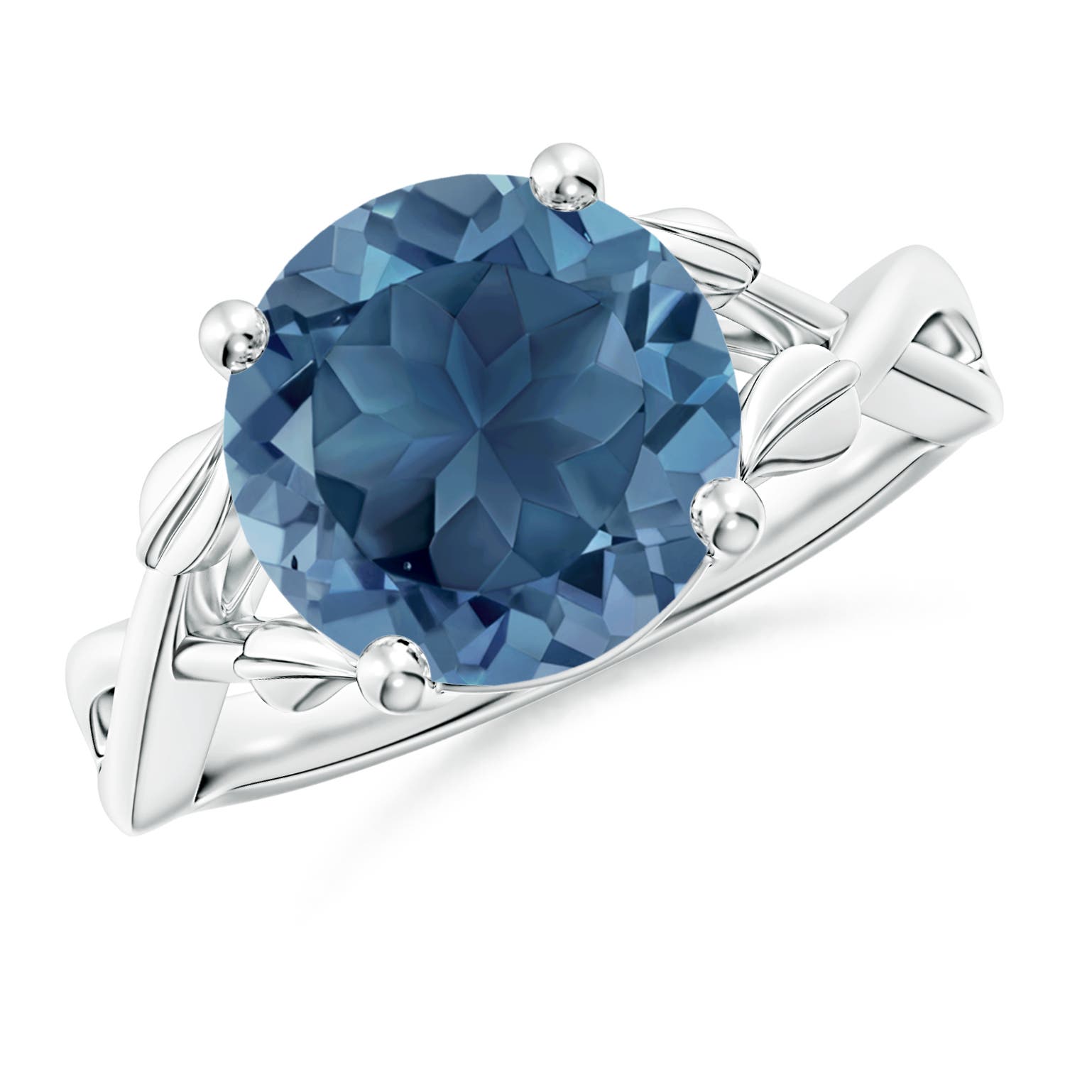Angara 4.2 Carats Nature Inspired London Blue Topaz Crossover Ring with Leaf Motifs in Platinum