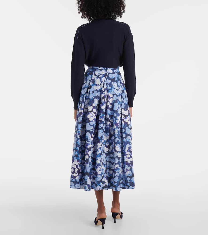 Floral pleated cotton midi skirt
