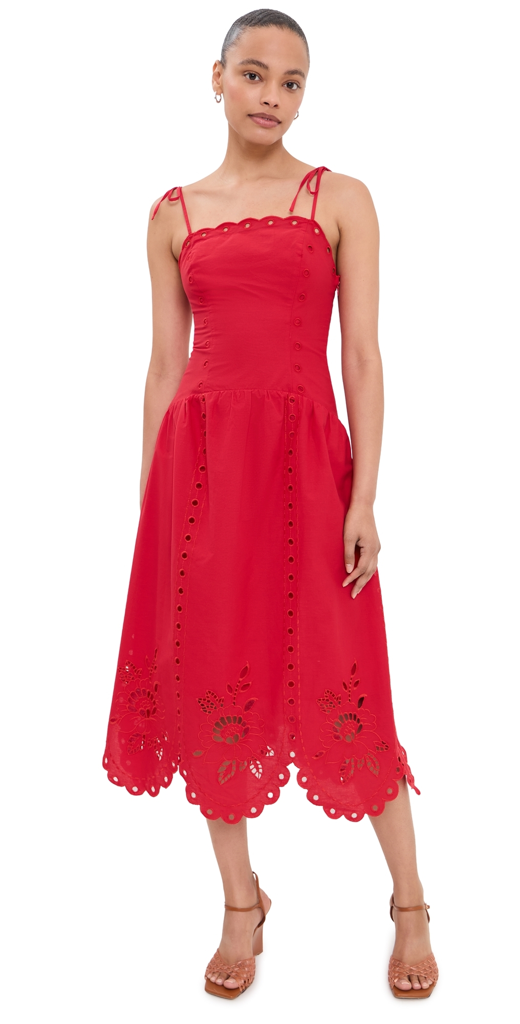 Eyelet Midi Dress Red