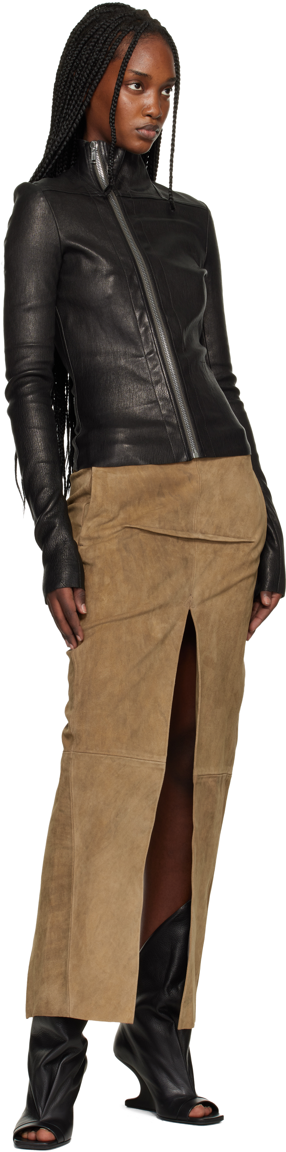 Tan Temple Sliced Suede Midi Skirt