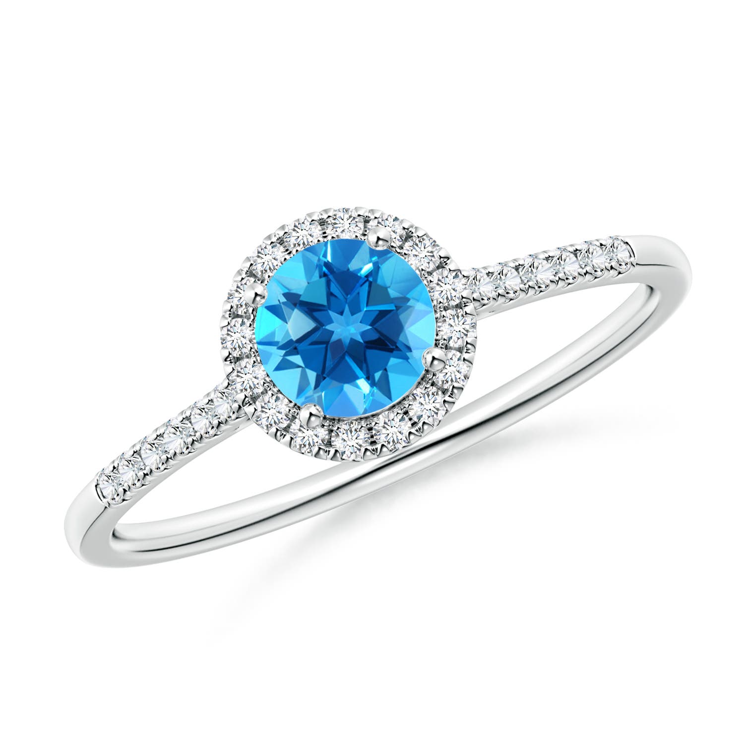 Angara 0.6 Carat Round Swiss Blue Topaz Halo Ring with Diamond Accents in Platinum