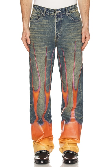 Who Decides War by Ev Bravado Flame Denim Pants in Denim & Multi - Blue. 32 also