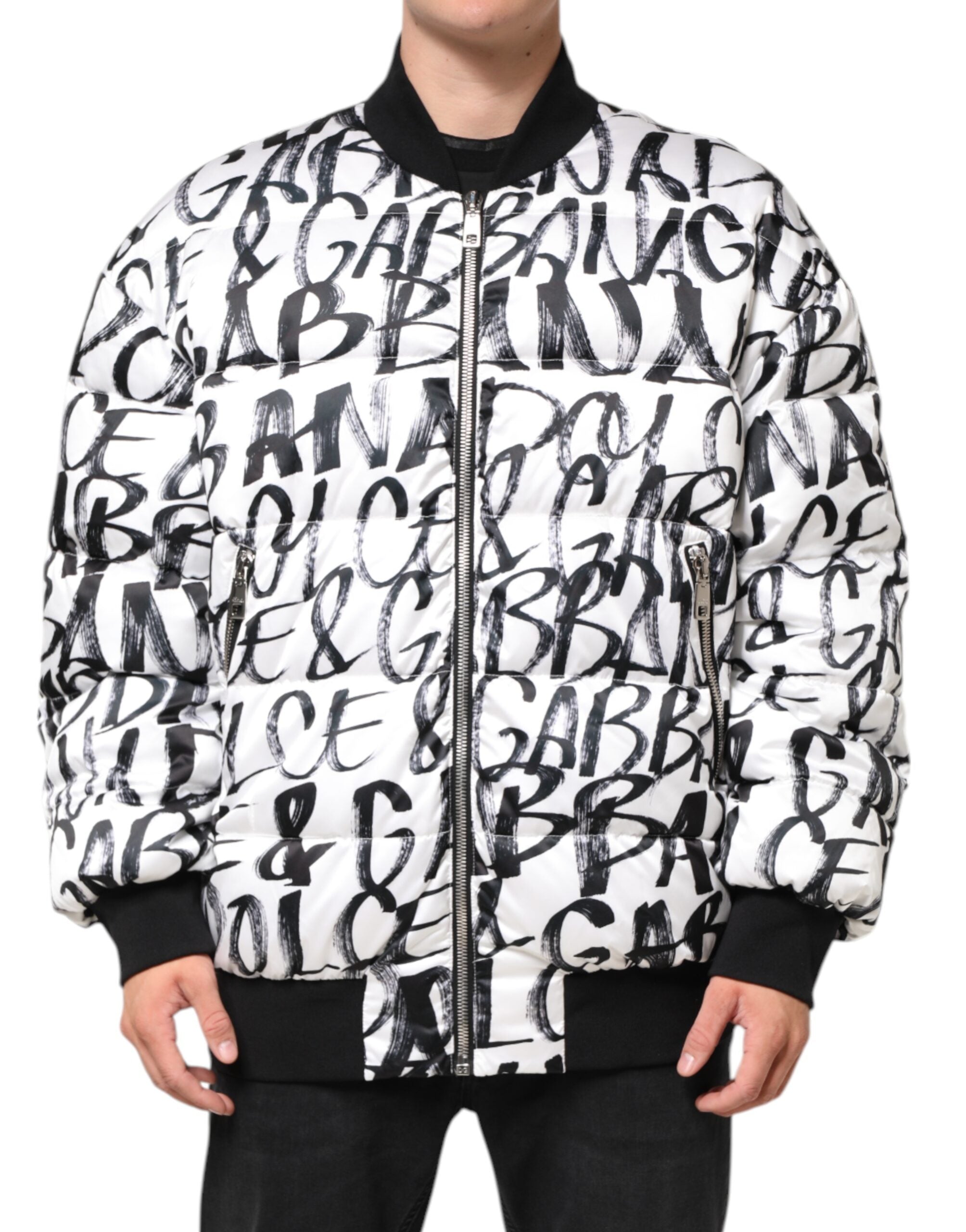 Graffiti Logo Print Puffer Bomber Jacket — White
