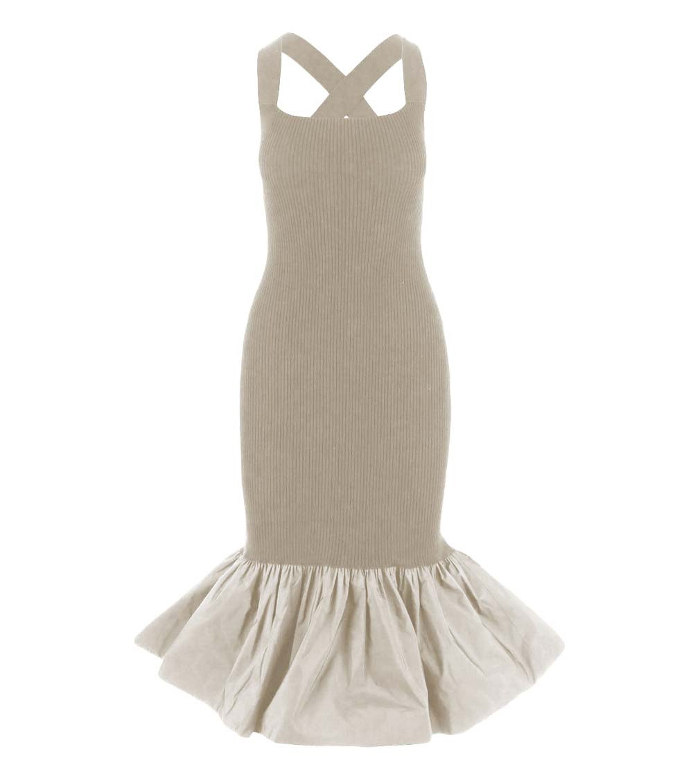 Beige Ruffled Knitted Midi Dress