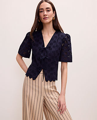 Ann Taylor Eyelet Tie Front Blouse