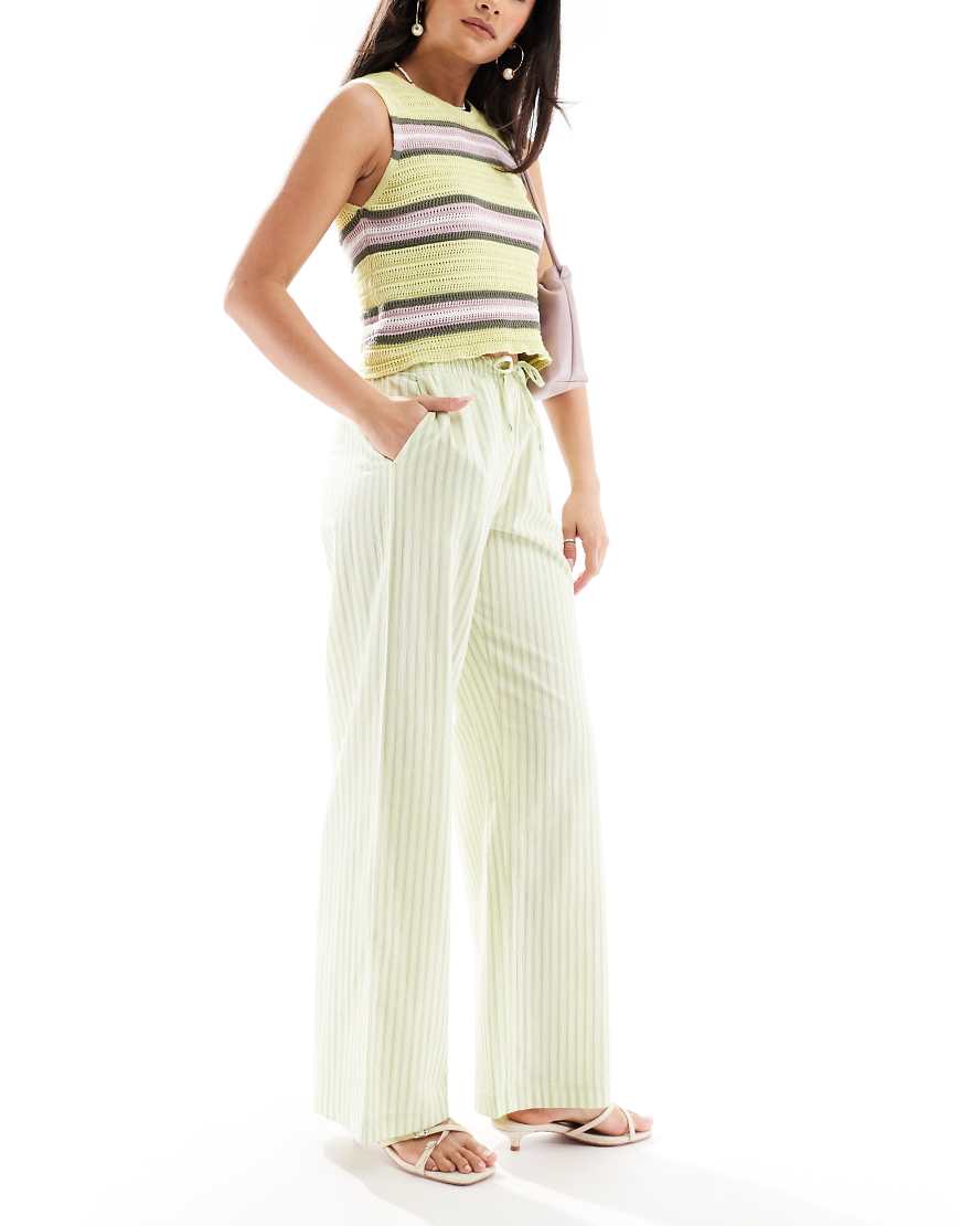 Bershka tie waist wide leg linen look pants in lime stripe-Green