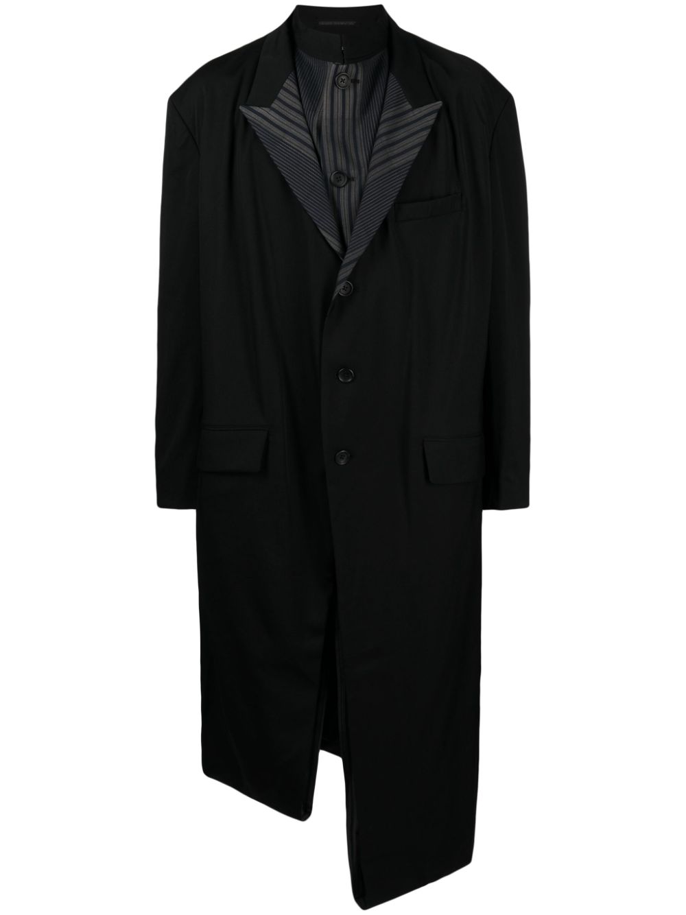 Asymmetric striped-lining wool coat - Black