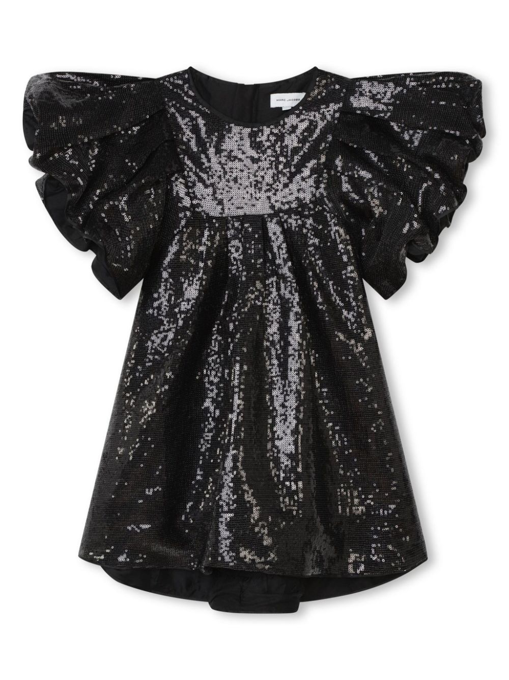 Puff-sleeved sequinned flared dress - Black