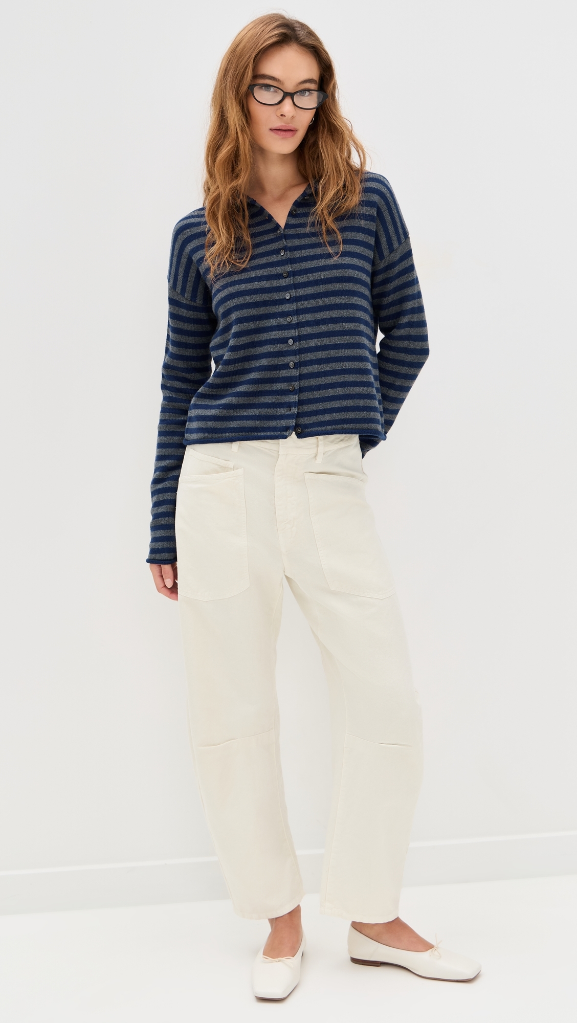 Taylor Cardigan in Stripe Cotton Cashmere Blend Navy/Oxford