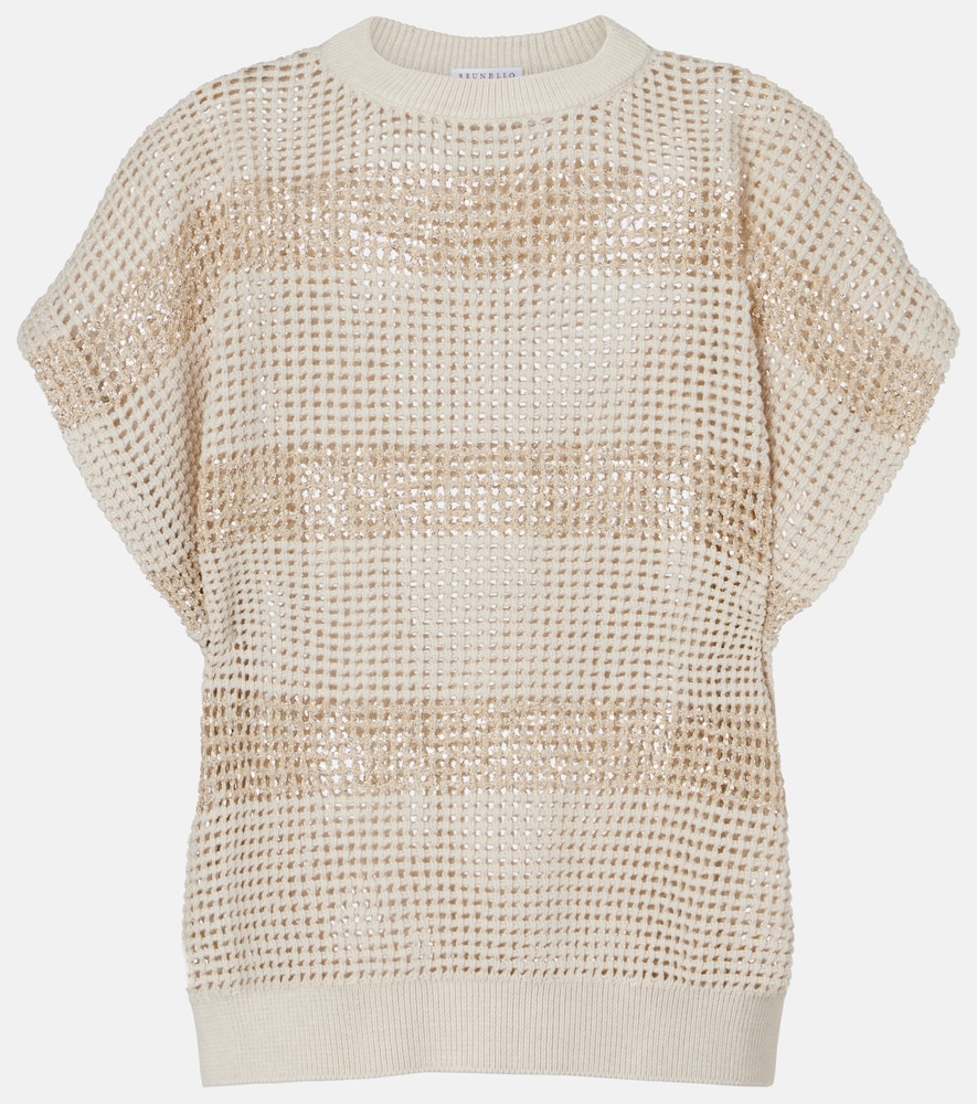 Open-knit sequined cotton sweater