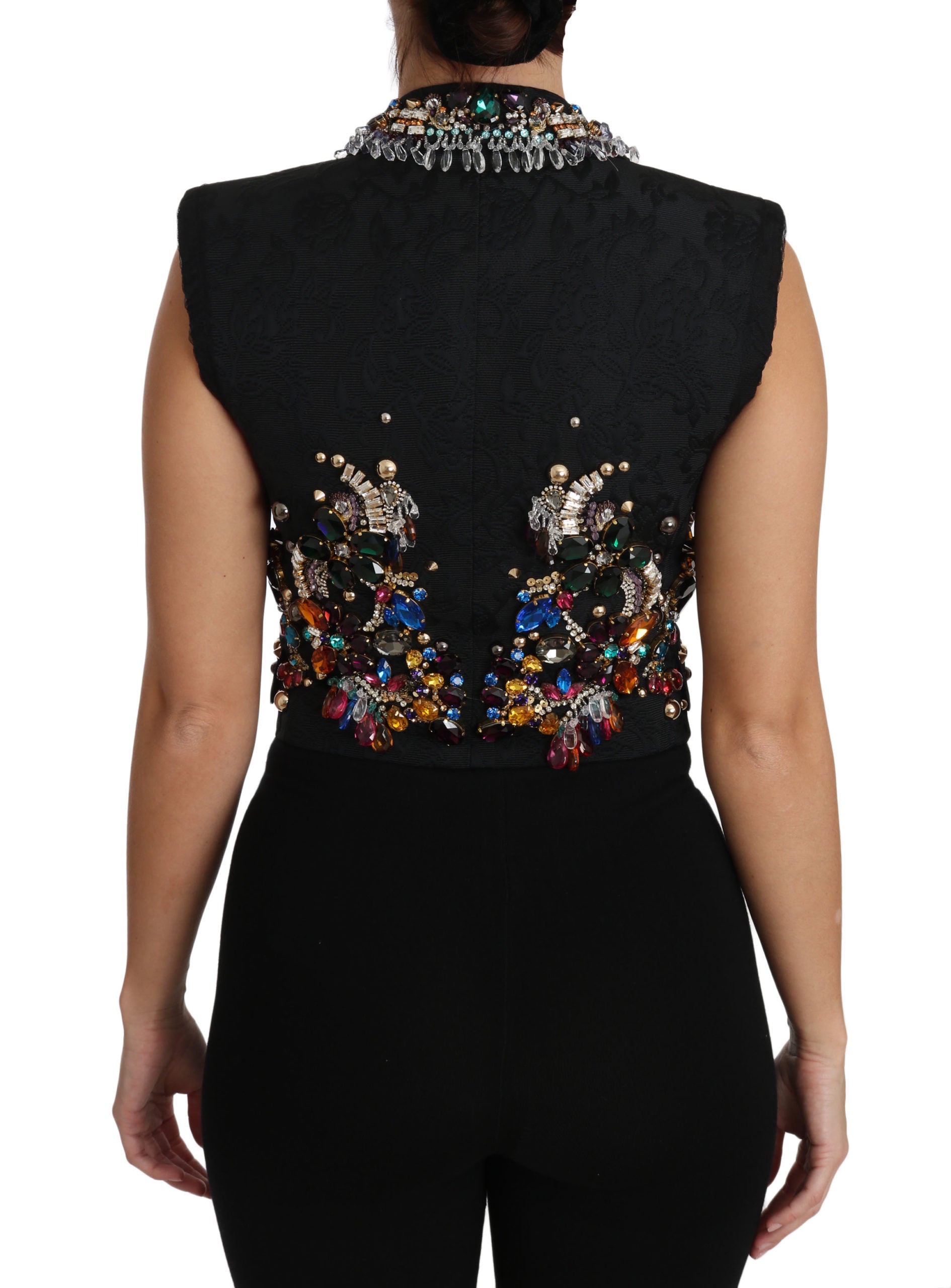Multicolor Crystal Embellished Vest — Black