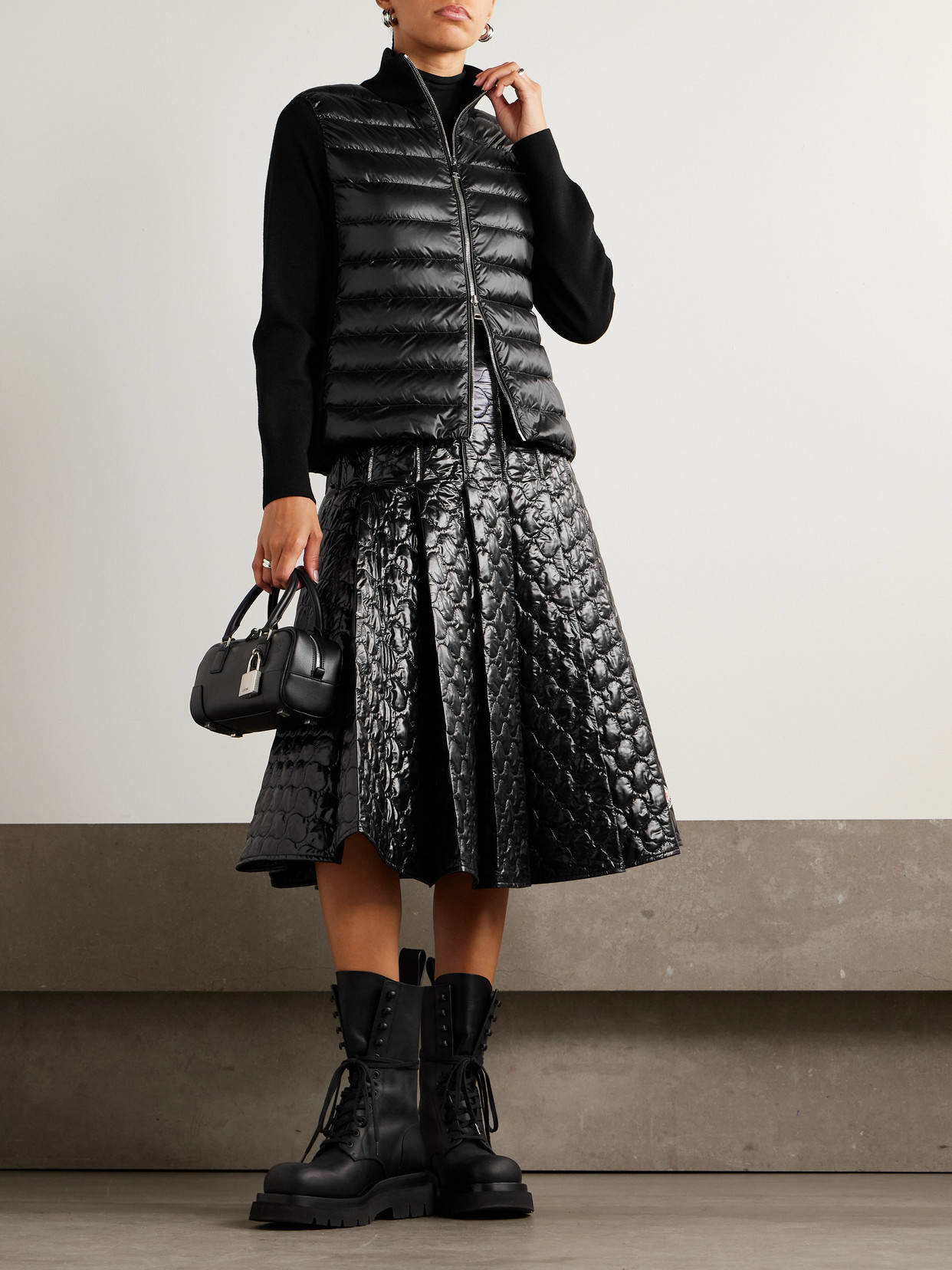 Wool And Quilted Shell Down Cardigan - Black