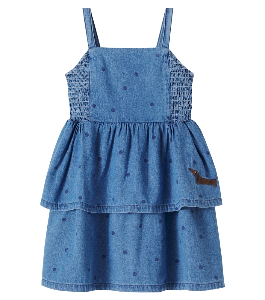 Polka-dot embroidered denim dress
