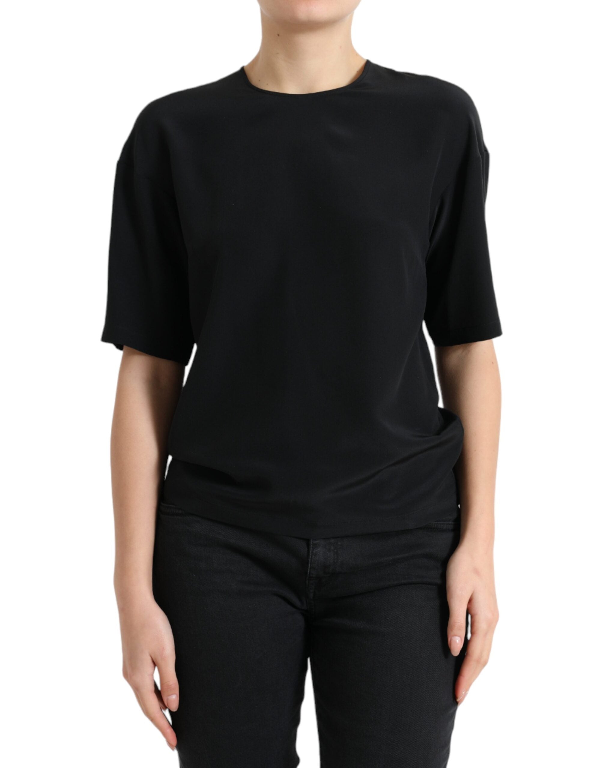 Silk Round Neck Blouse — Black