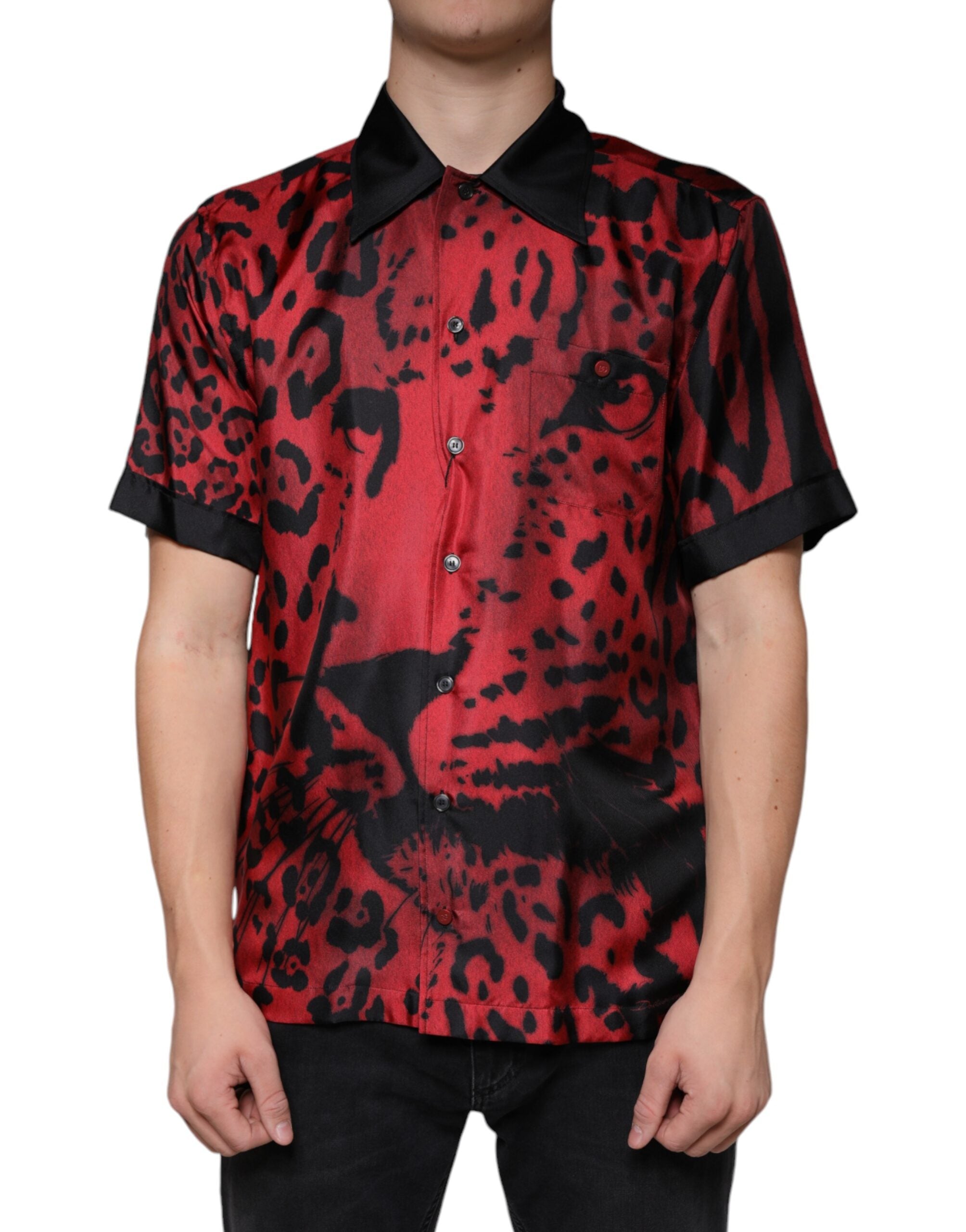 Leopard-Print Silk Shirt — Red