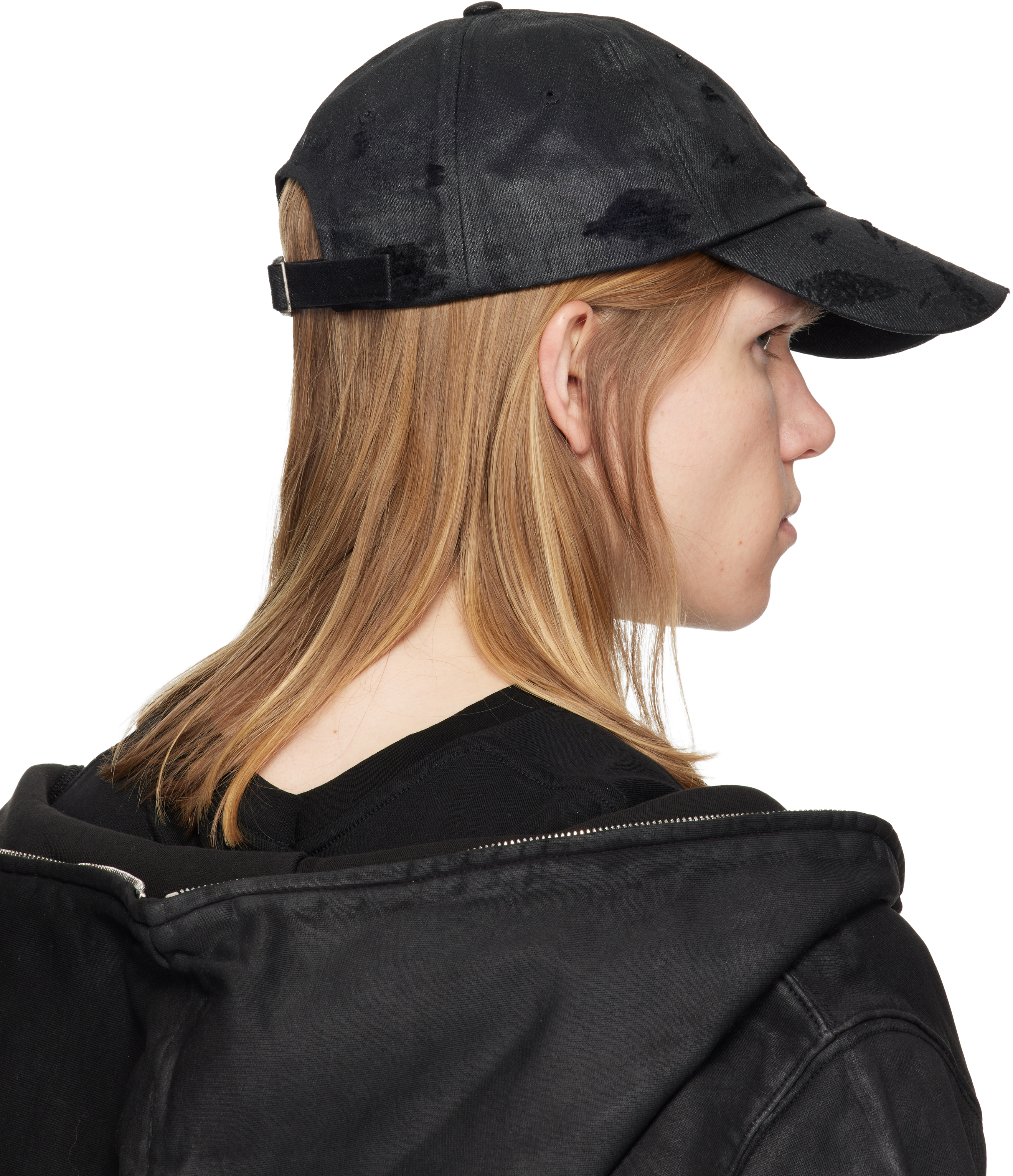Black Distressed Waxed Denim Cap