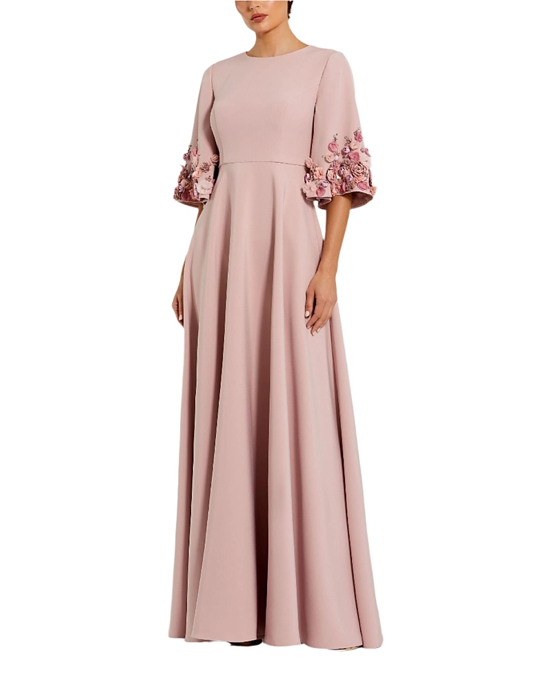Stretch Satin 3/4 Sleeve Gown with Flower Trim