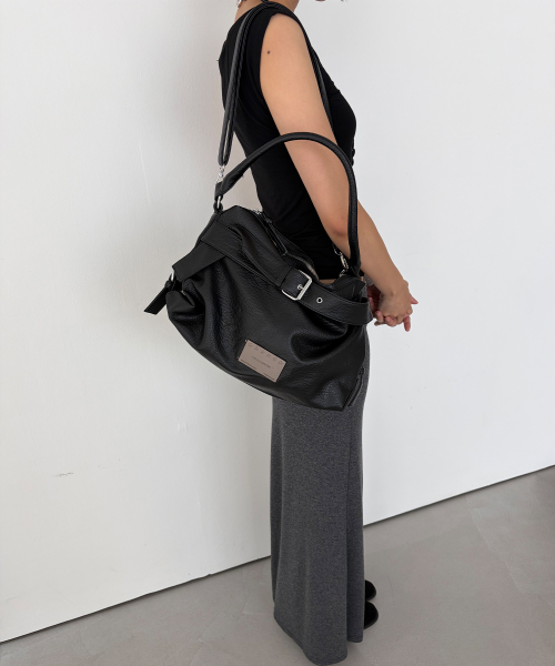 Belted Leather Boston Bag Black