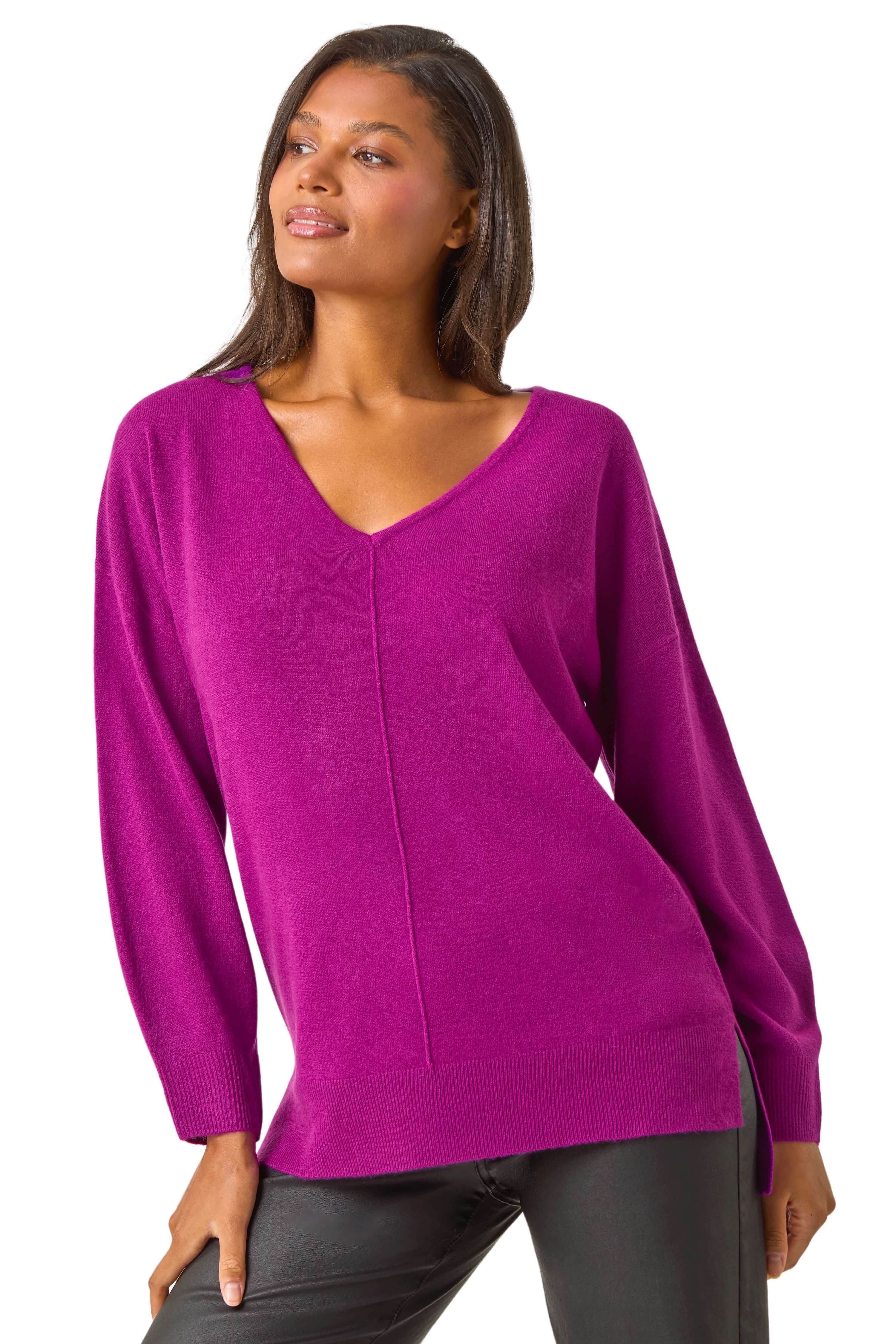 Roman Womens Soft V-Neck Side Split Knit Sweater - Purple