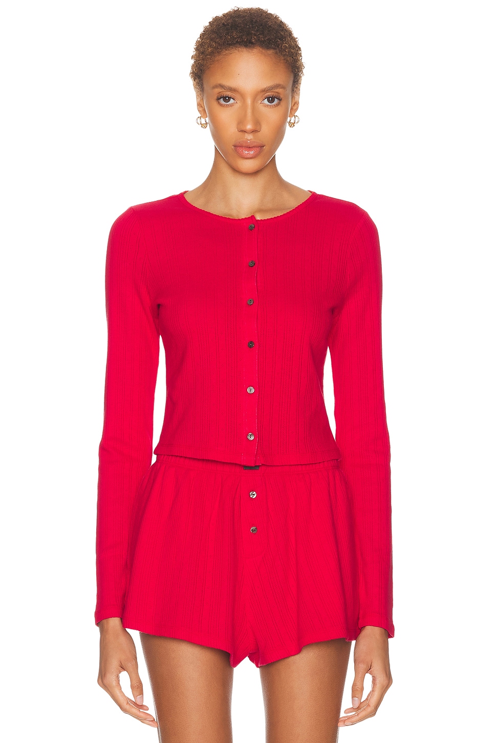 LUNYA CARDIGAN in Camellia Red - Red. XS also in L