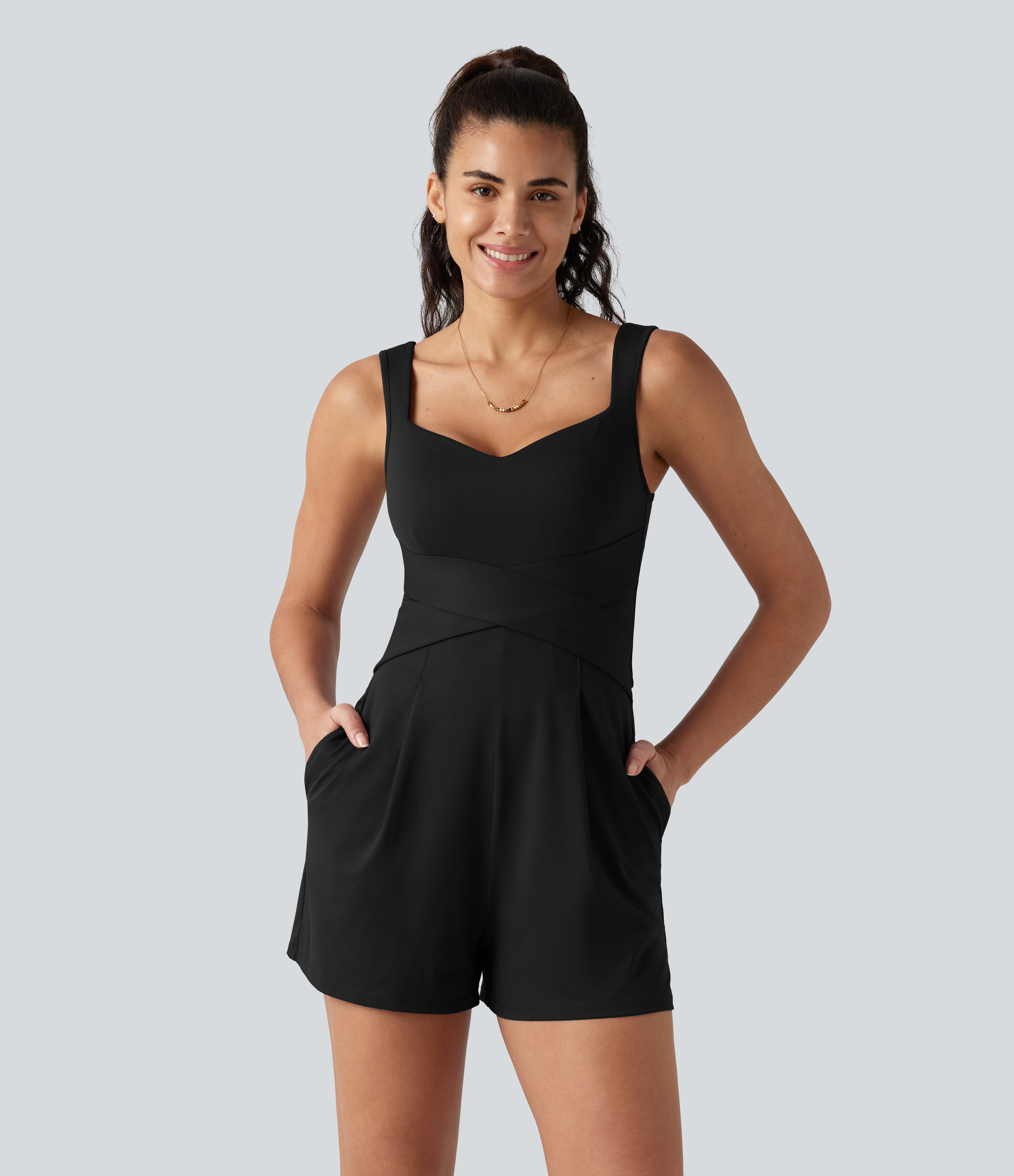 V Neck Built-in Bra Casual Romper with Pockets-Easy Peezy Edition Workout Dress - Black