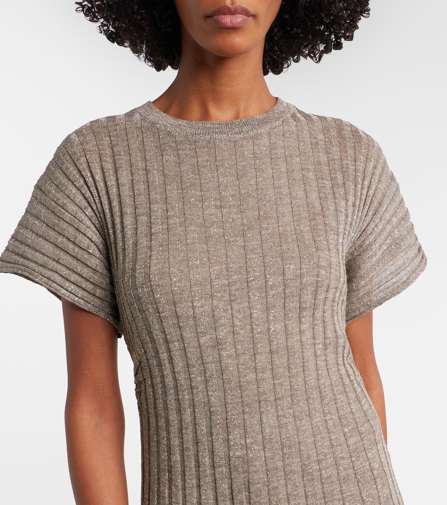 Ribbed-knit lamé midi dress