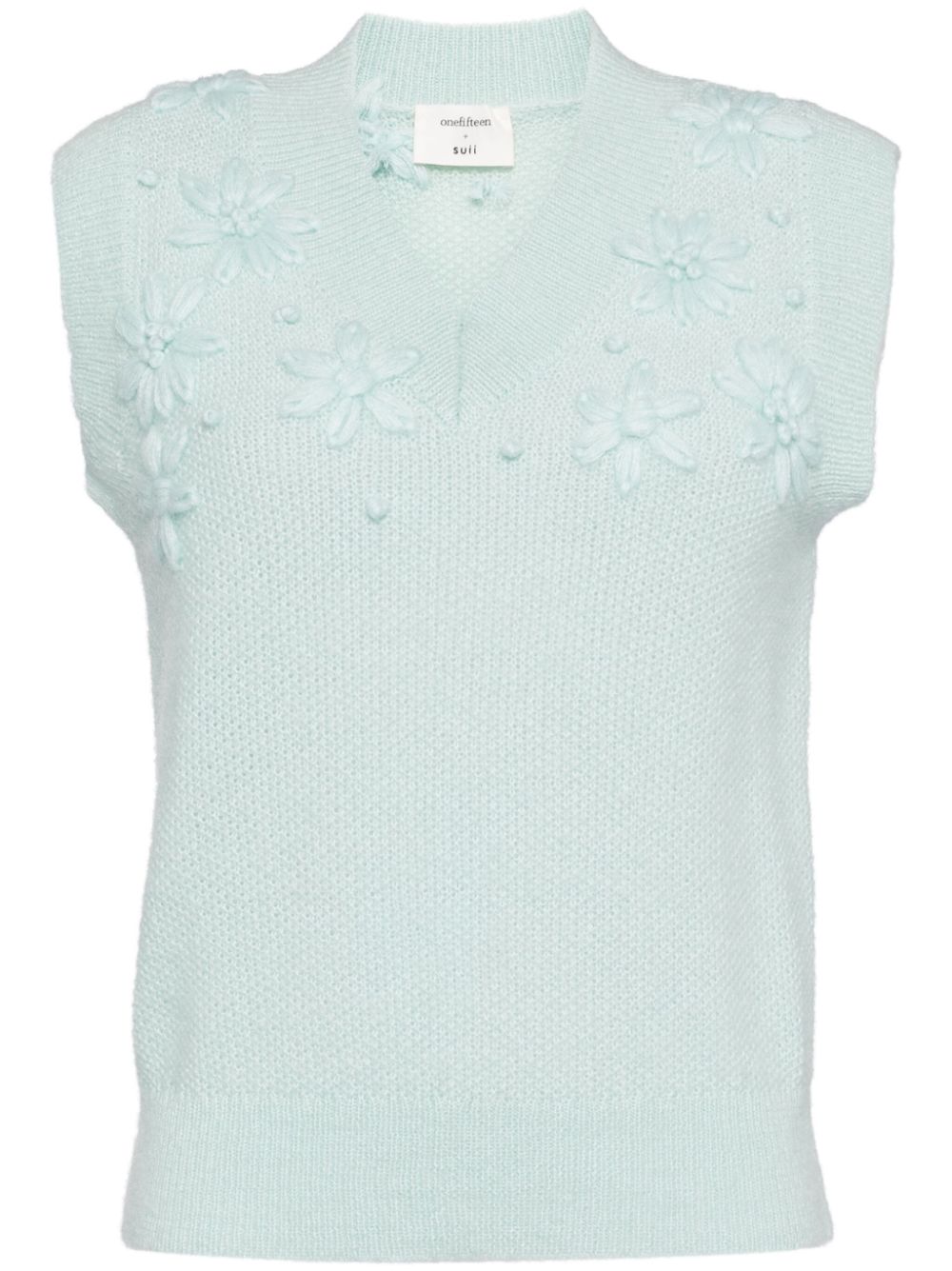 Floral-embroidered knitted vest - Blue