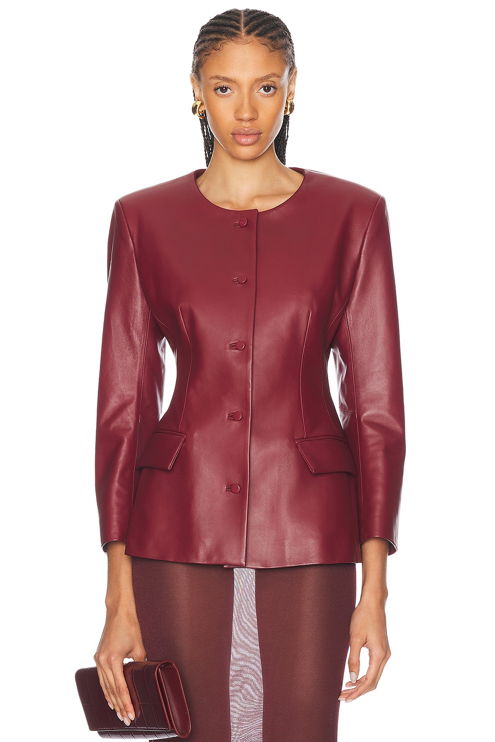 AEXAE Leather Padded Contoured Blazer in Deep Red - Burgundy. M also in