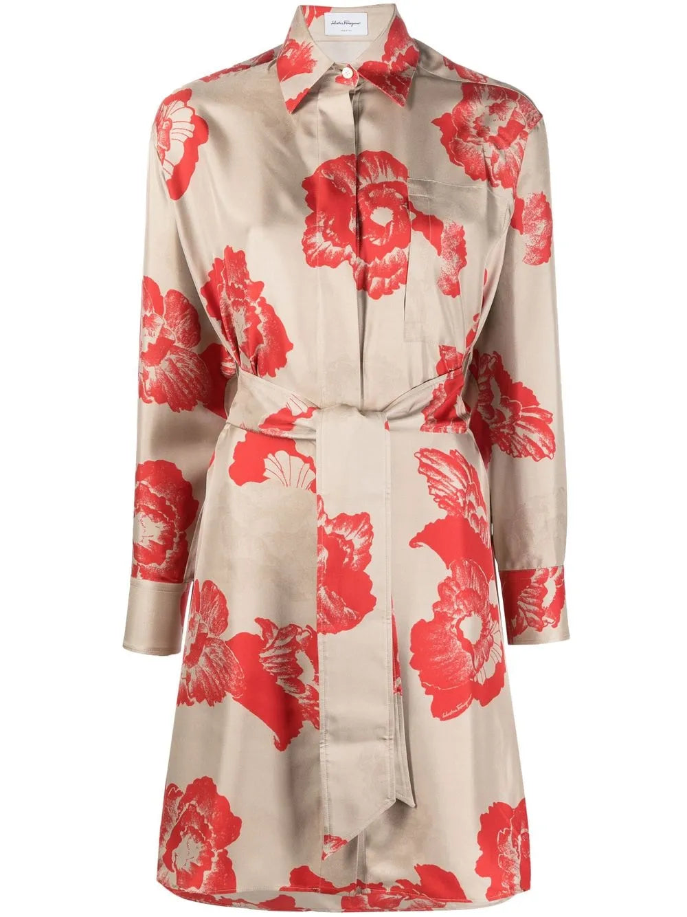 Floral Print Belted Shirt — Beige