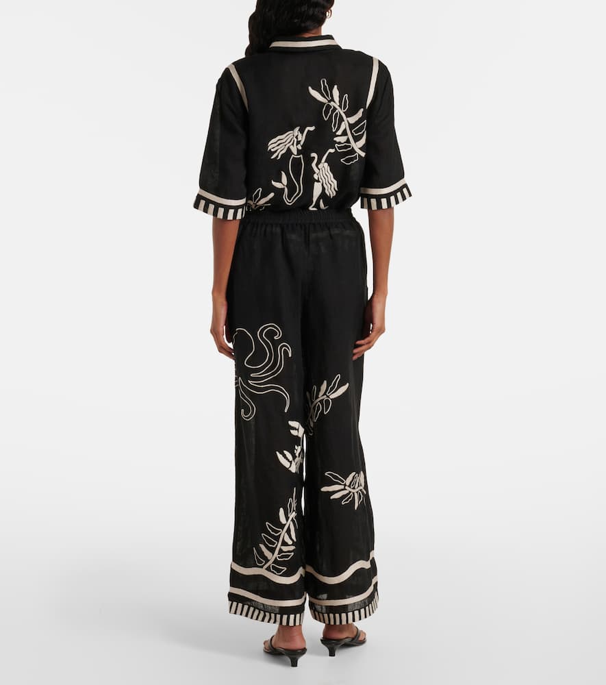Octopus embroidered linen wide-leg pants
