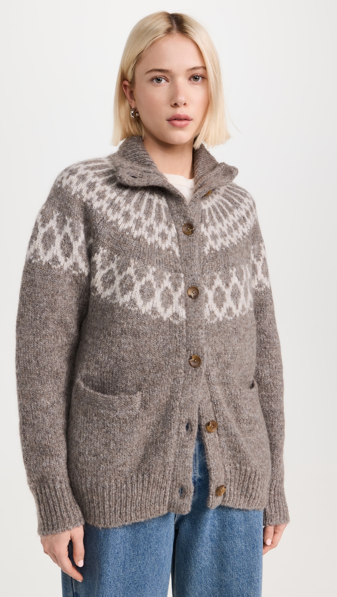Emmie Fairisle Cardigan In Wool Taupe