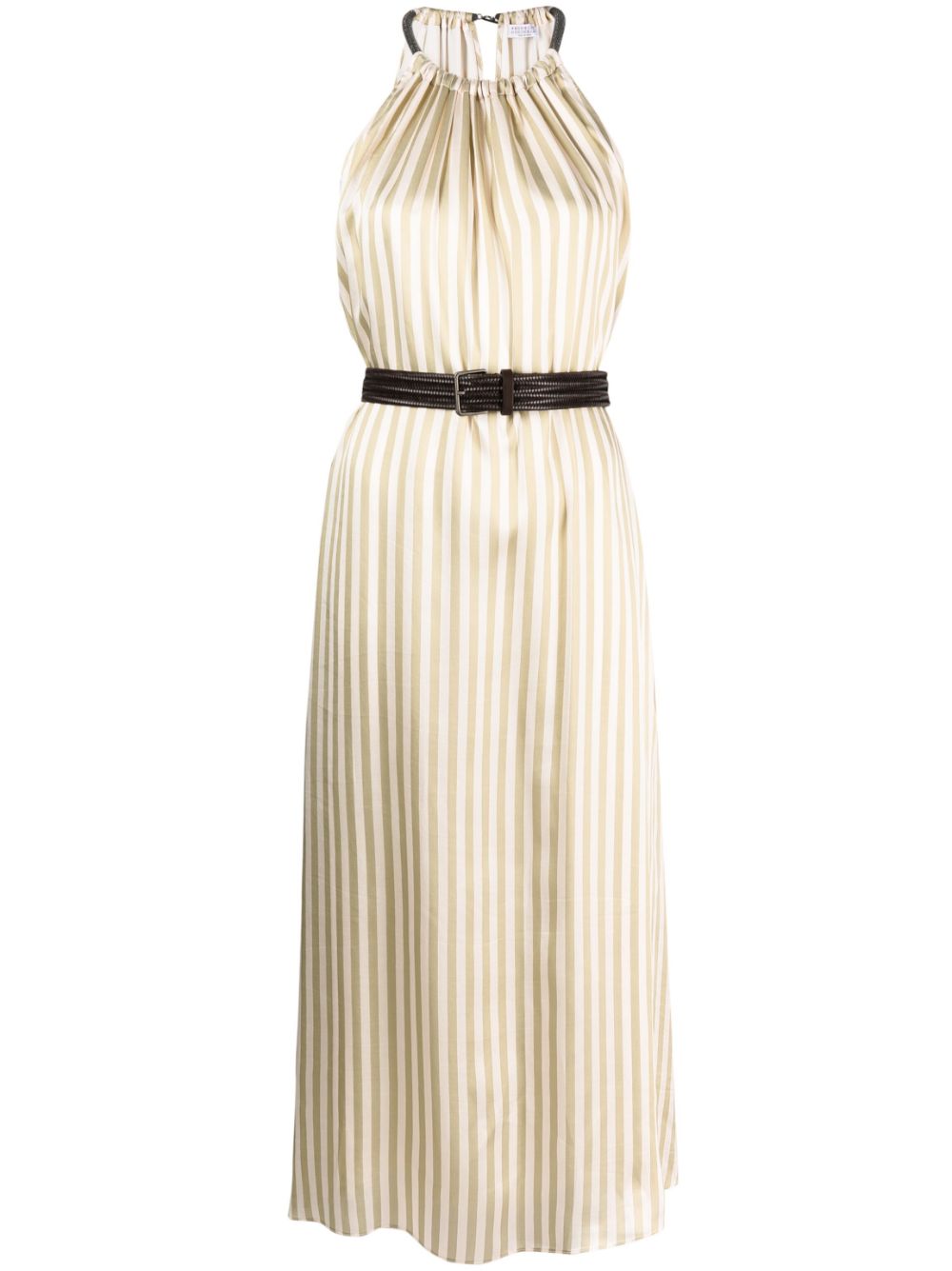 Viscose And Silk Striped Twill Dress With Precious Shoulder Detail