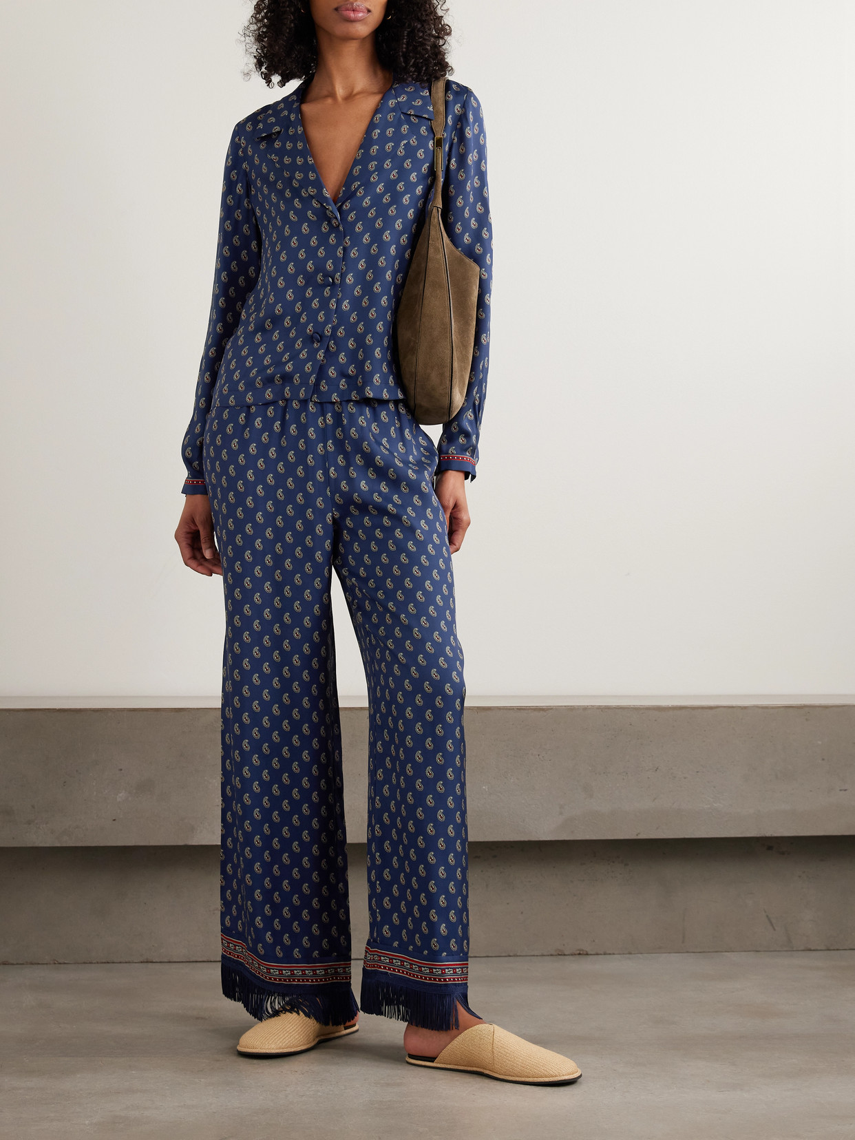 Lavon Fringed Paisley-print Silk Straight-leg Pants - Blue