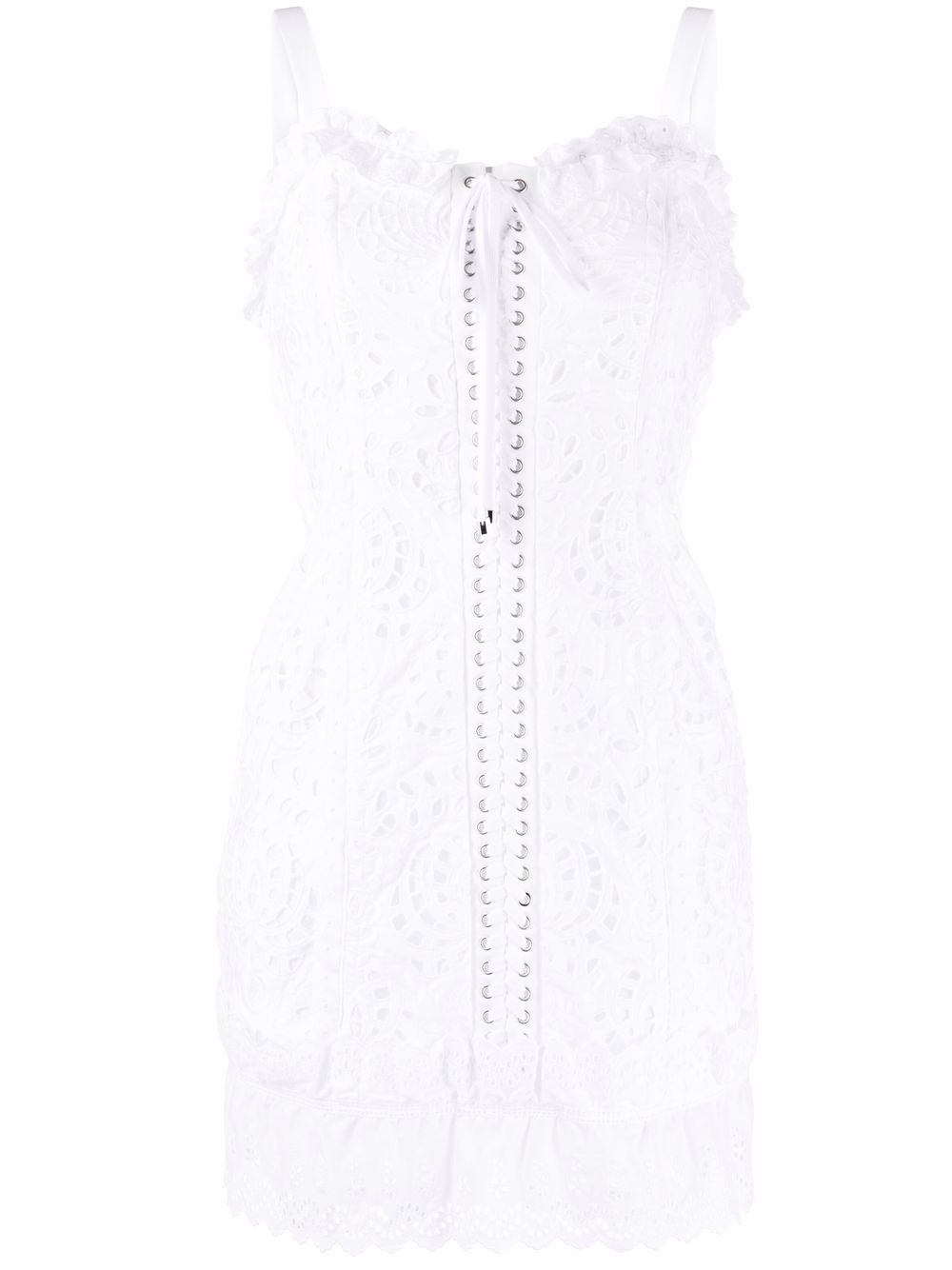 Lace-up floral lace mini dress - White